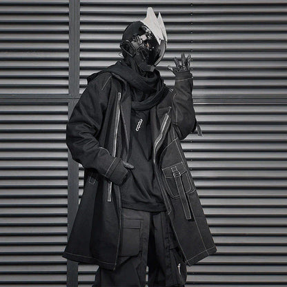 Irregular Trench Coat in black, featuring a mid-length silhouette, zip-up closure, and hooded design for modern British style.