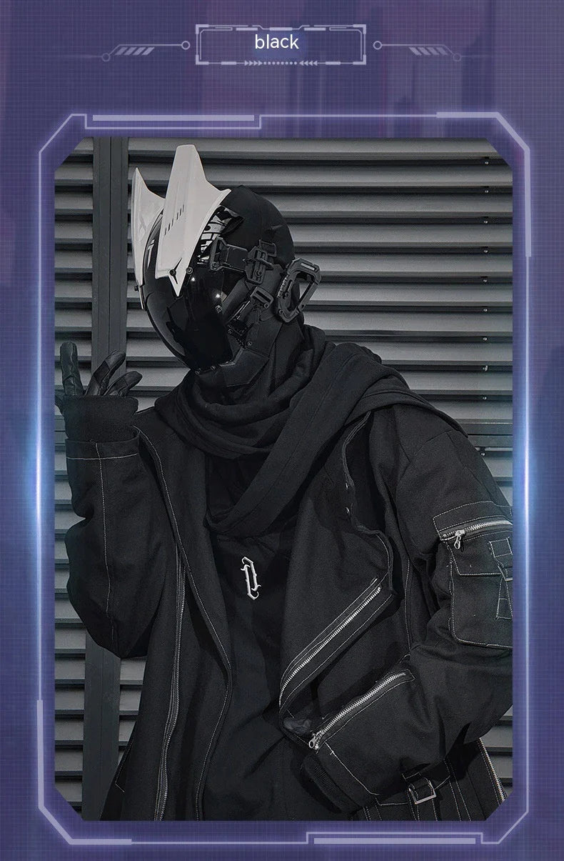 Irregular Trench Coat in black, featuring a mid-length silhouette, zip-up closure, and hooded design for modern British style.