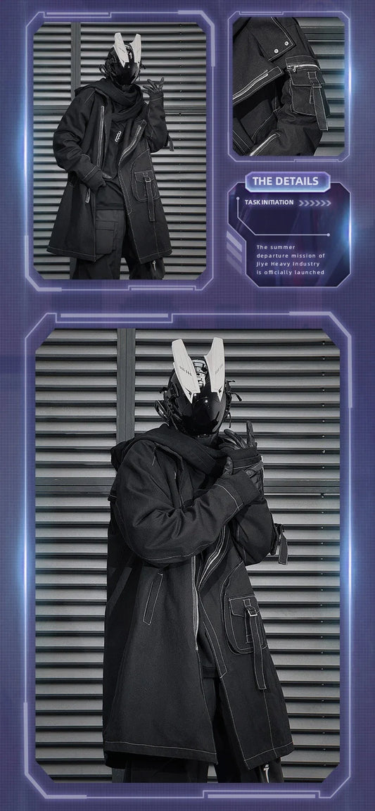 Irregular Trench Coat in black, featuring a mid-length silhouette, zip-up closure, and hooded design for modern British style.