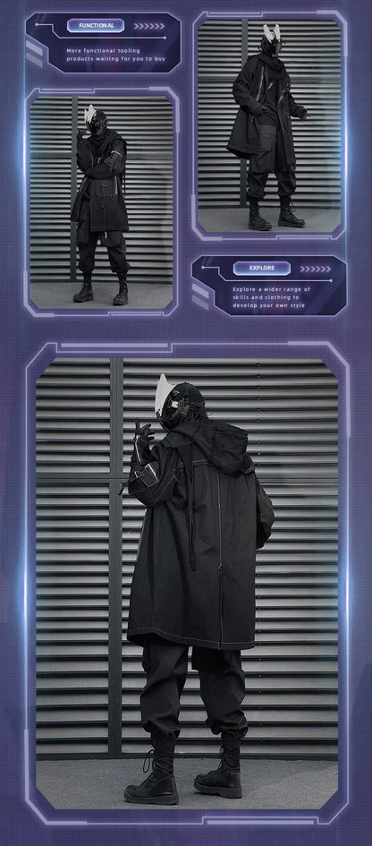 Irregular Trench Coat in black, featuring a mid-length silhouette, zip-up closure, and hooded design for modern British style.