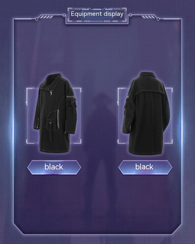 Irregular Trench Coat in black, featuring a mid-length silhouette, zip-up closure, and hooded design for modern British style.