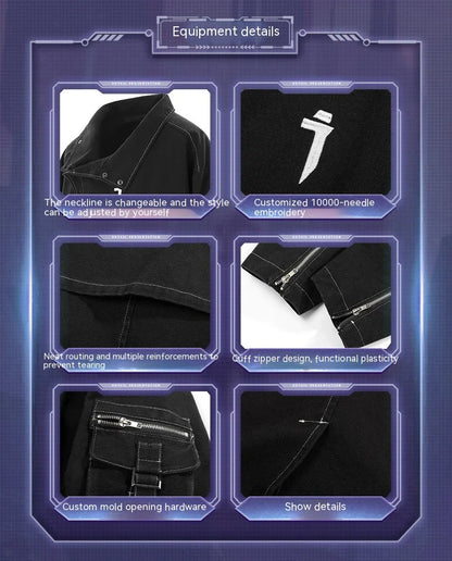 Irregular Trench Coat in black, featuring a mid-length silhouette, zip-up closure, and hooded design for modern British style.