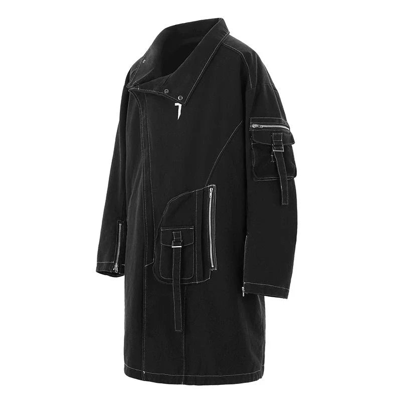 Irregular Trench Coat in black, featuring a mid-length silhouette, zip-up closure, and hooded design for modern British style.
