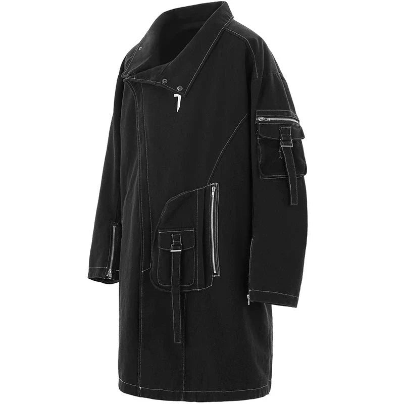Irregular Trench Coat in black, featuring a mid-length silhouette, zip-up closure, and hooded design for modern British style.