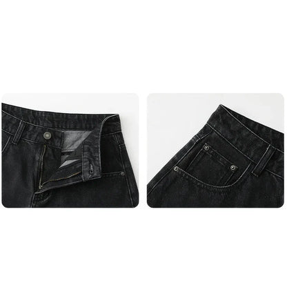Women's high-waisted denim shorts with asymmetric hemline in black colour