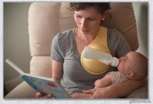 A yellow bottle holder that allows hands-free feeding, keeping the baby in an upright position with a stable bottle angle.