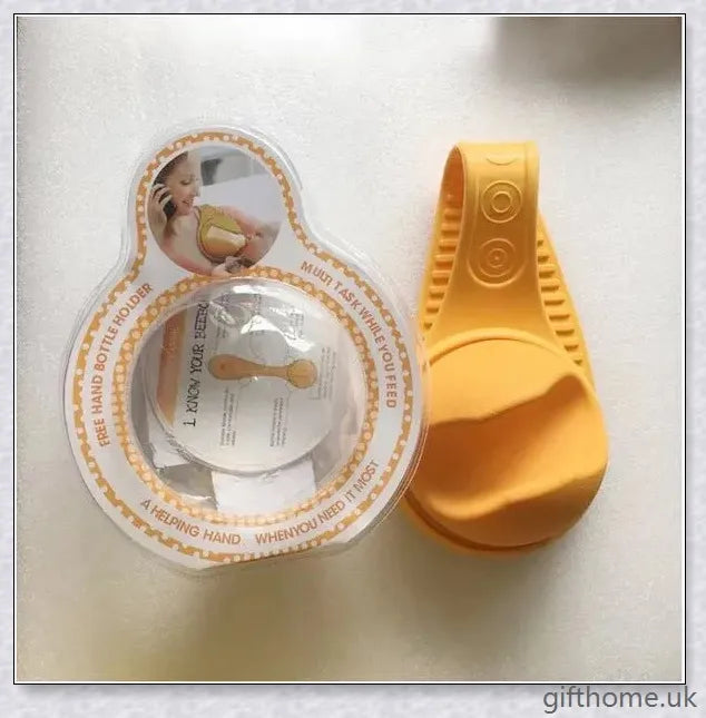 A yellow bottle holder that allows hands-free feeding, keeping the baby in an upright position with a stable bottle angle.