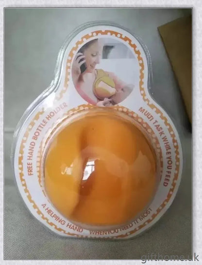 A yellow bottle holder that allows hands-free feeding, keeping the baby in an upright position with a stable bottle angle.
