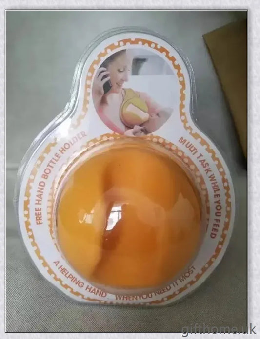 A yellow bottle holder that allows hands-free feeding, keeping the baby in an upright position with a stable bottle angle.