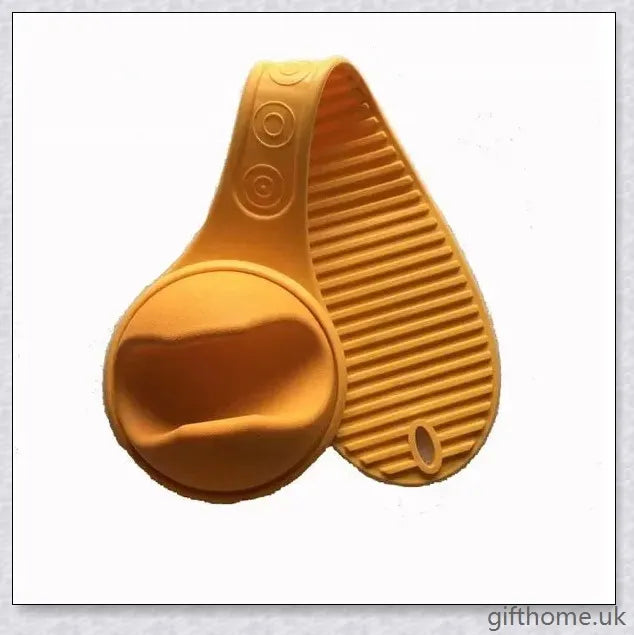 A yellow bottle holder that allows hands-free feeding, keeping the baby in an upright position with a stable bottle angle.