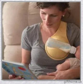 A yellow bottle holder that allows hands-free feeding, keeping the baby in an upright position with a stable bottle angle.