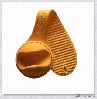 A yellow bottle holder that allows hands-free feeding, keeping the baby in an upright position with a stable bottle angle.