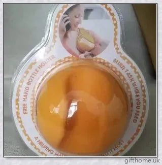 A yellow bottle holder that allows hands-free feeding, keeping the baby in an upright position with a stable bottle angle.