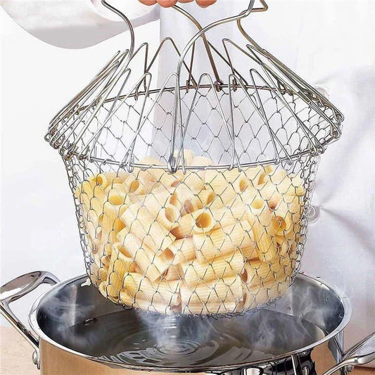 Foldable Cooking Mesh Baskets made from high-quality stainless steel with a unique folding design for easy storage and portability