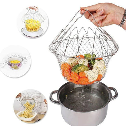 Foldable Cooking Mesh Baskets made from high-quality stainless steel with a unique folding design for easy storage and portability