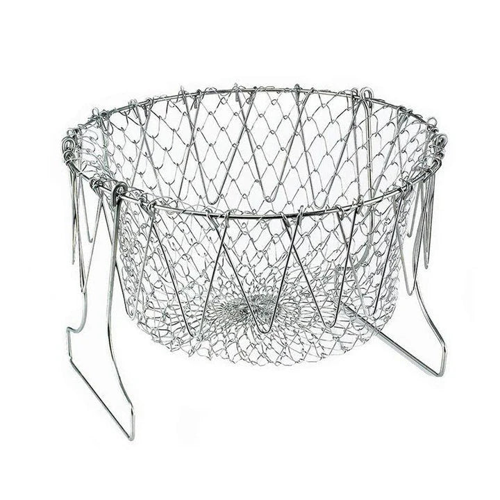 Foldable Cooking Mesh Baskets made from high-quality stainless steel with a unique folding design for easy storage and portability