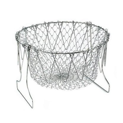 Foldable Cooking Mesh Baskets made from high-quality stainless steel with a unique folding design for easy storage and portability