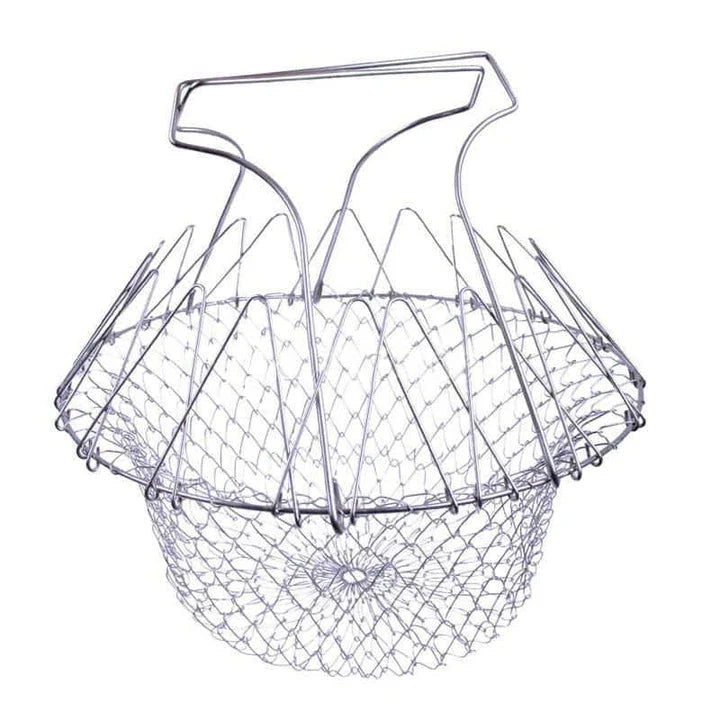 Foldable Cooking Mesh Baskets made from high-quality stainless steel with a unique folding design for easy storage and portability