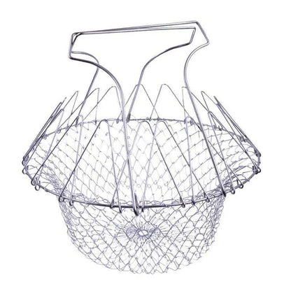 Foldable Cooking Mesh Baskets made from high-quality stainless steel with a unique folding design for easy storage and portability