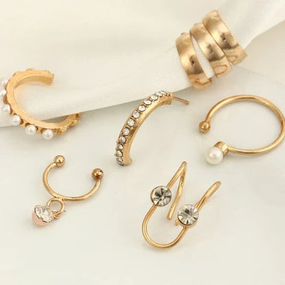 8 Piece Gold-Toned Pearl Stud Earring Set with Eccentric Design and Variety of Shapes