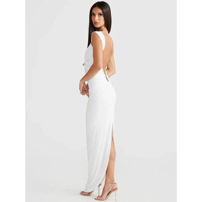 Elegant low-cut sleeveless maxi dress with backless design and high waist details