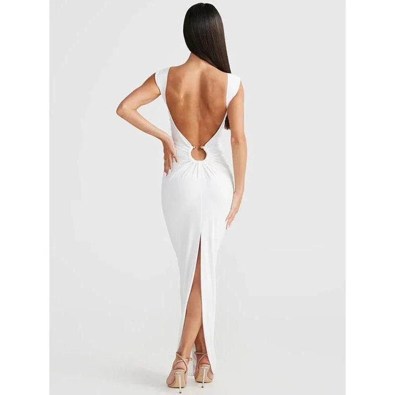 Elegant low-cut sleeveless maxi dress with backless design and high waist details