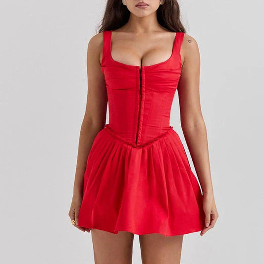 Red sleeveless mini dress with square collar and backless design, perfect for parties and special occasions