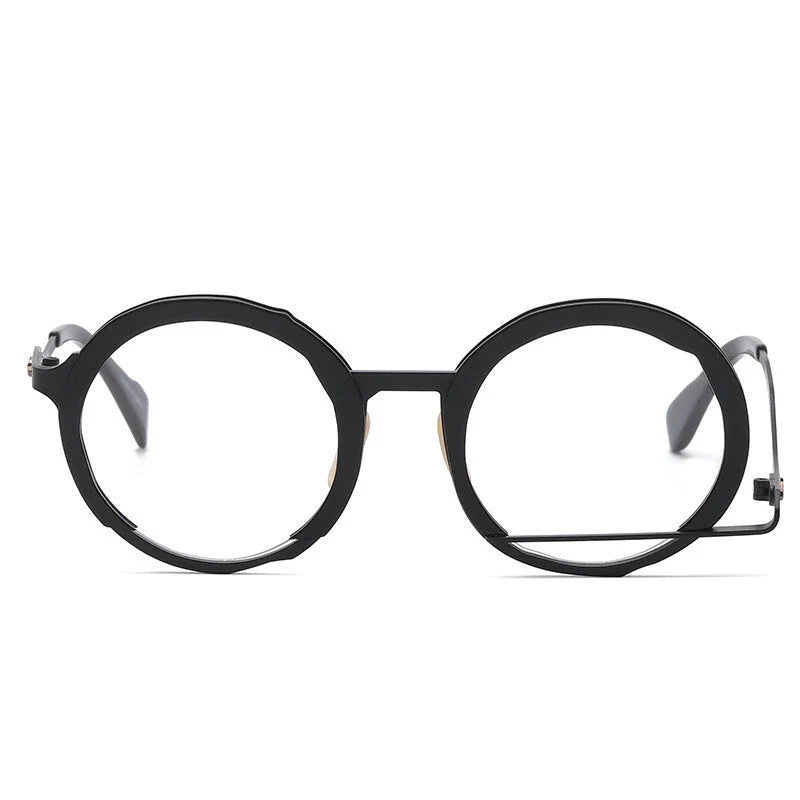 A close-up view of a premium fashion metal spectacle frame in black, white gold, and black gold colours.