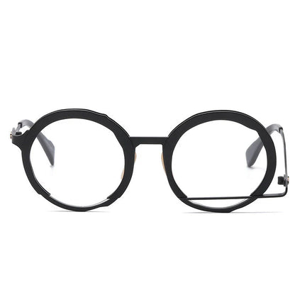 A close-up view of a premium fashion metal spectacle frame in black, white gold, and black gold colours.