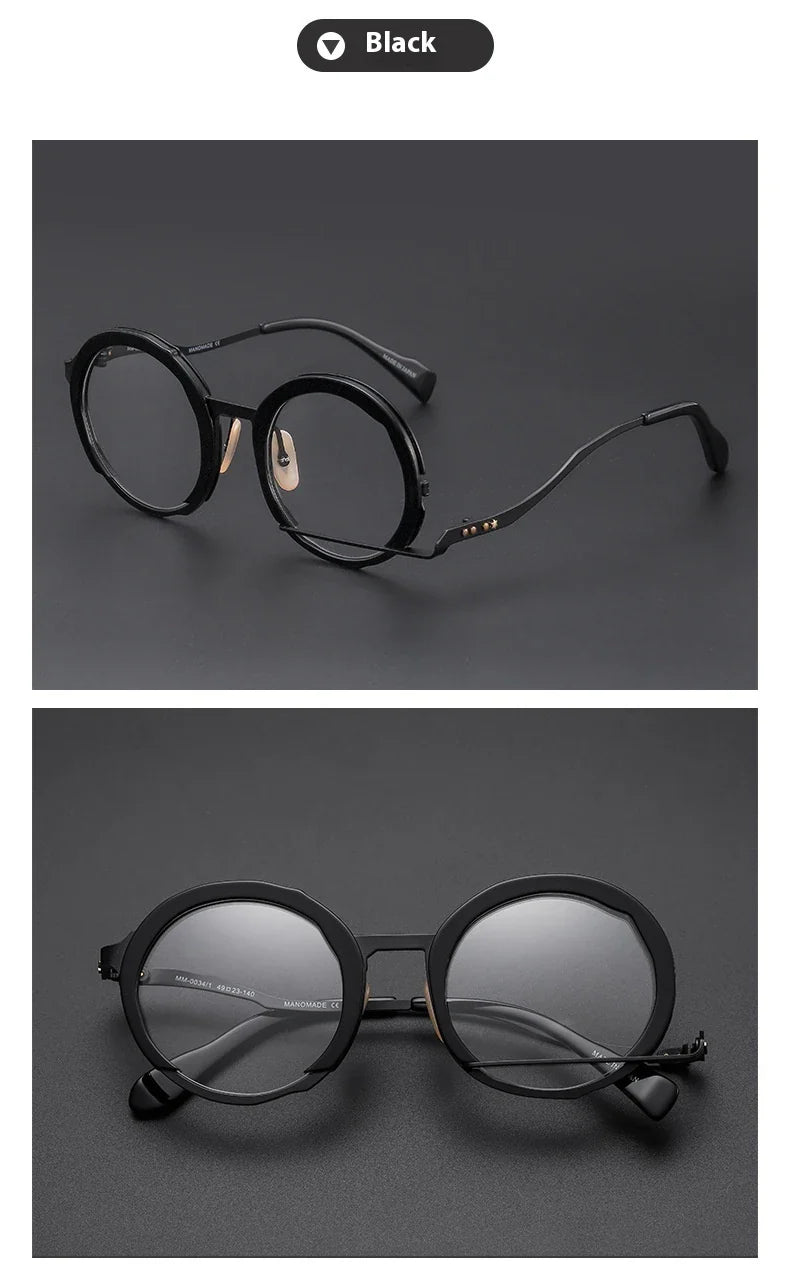 A close-up view of a premium fashion metal spectacle frame in black, white gold, and black gold colours.