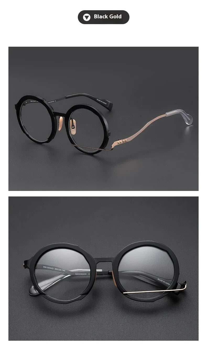 A close-up view of a premium fashion metal spectacle frame in black, white gold, and black gold colours.