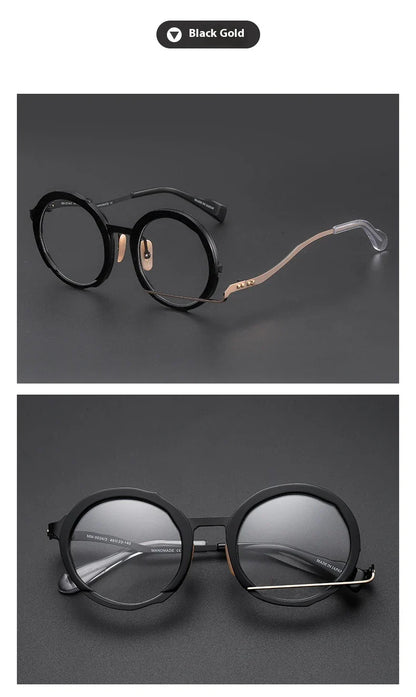 A close-up view of a premium fashion metal spectacle frame in black, white gold, and black gold colours.