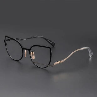 A close-up view of a premium fashion metal spectacle frame in black, white gold, and black gold colours.