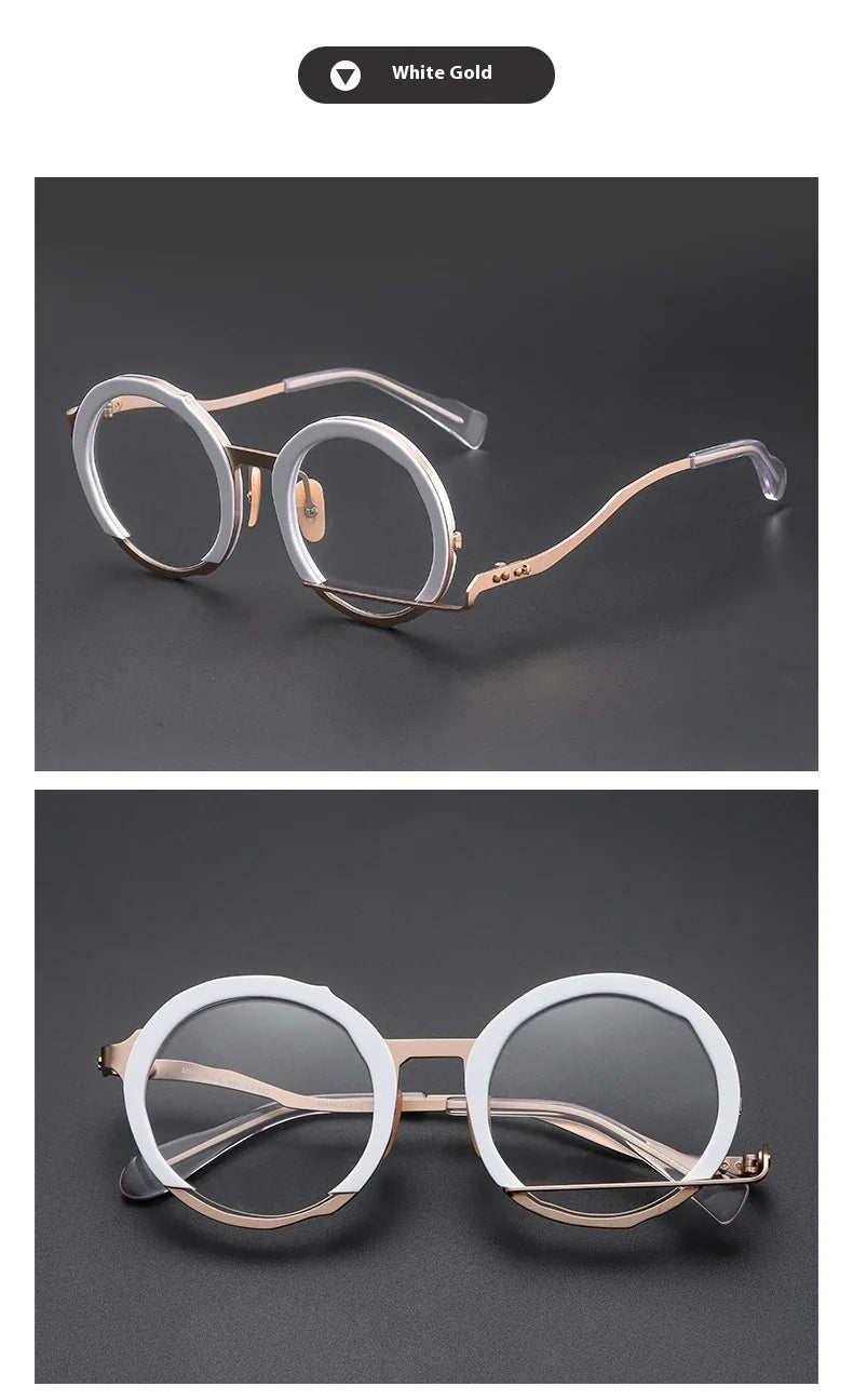 A close-up view of a premium fashion metal spectacle frame in black, white gold, and black gold colours.