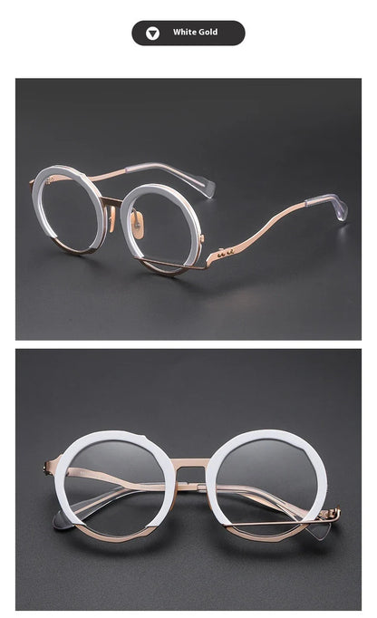A close-up view of a premium fashion metal spectacle frame in black, white gold, and black gold colours.