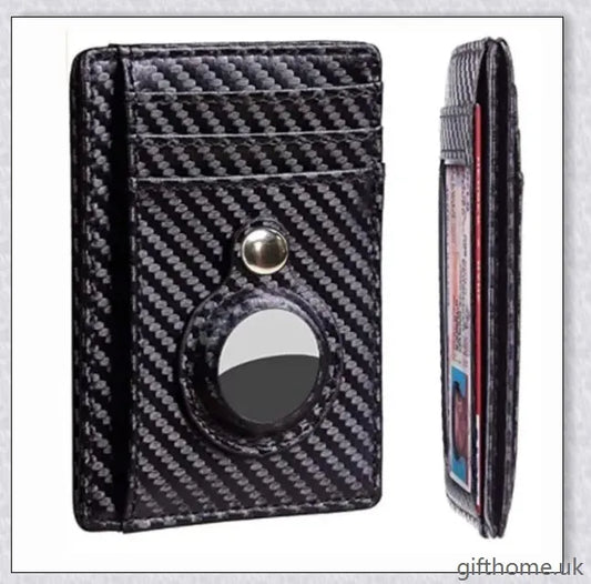 Premium leather wallet with integrated AirTag pocket, RFID-blocking technology, and minimalist design for the modern gentleman