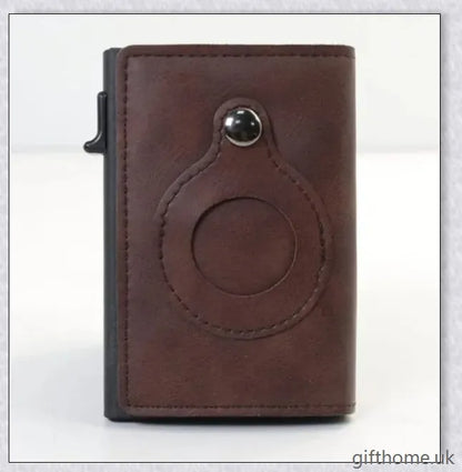 Premium leather wallet with integrated AirTag pocket, RFID-blocking technology, and minimalist design for the modern gentleman