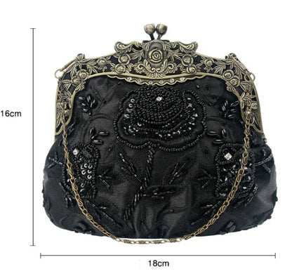 Elegant black bead embroidered cosmetic bag with a vintage-inspired design
