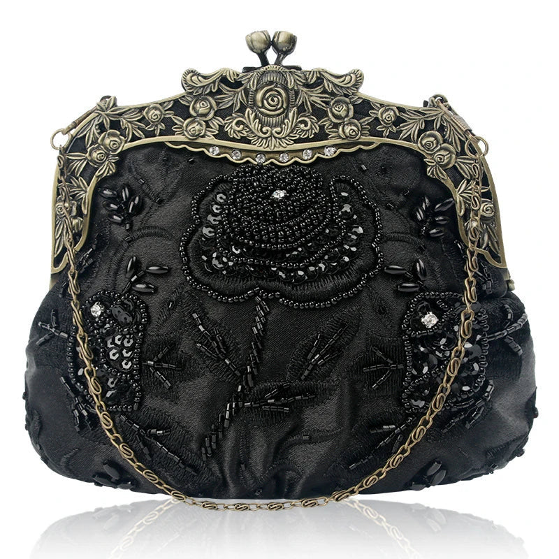 Elegant black bead embroidered cosmetic bag with a vintage-inspired design