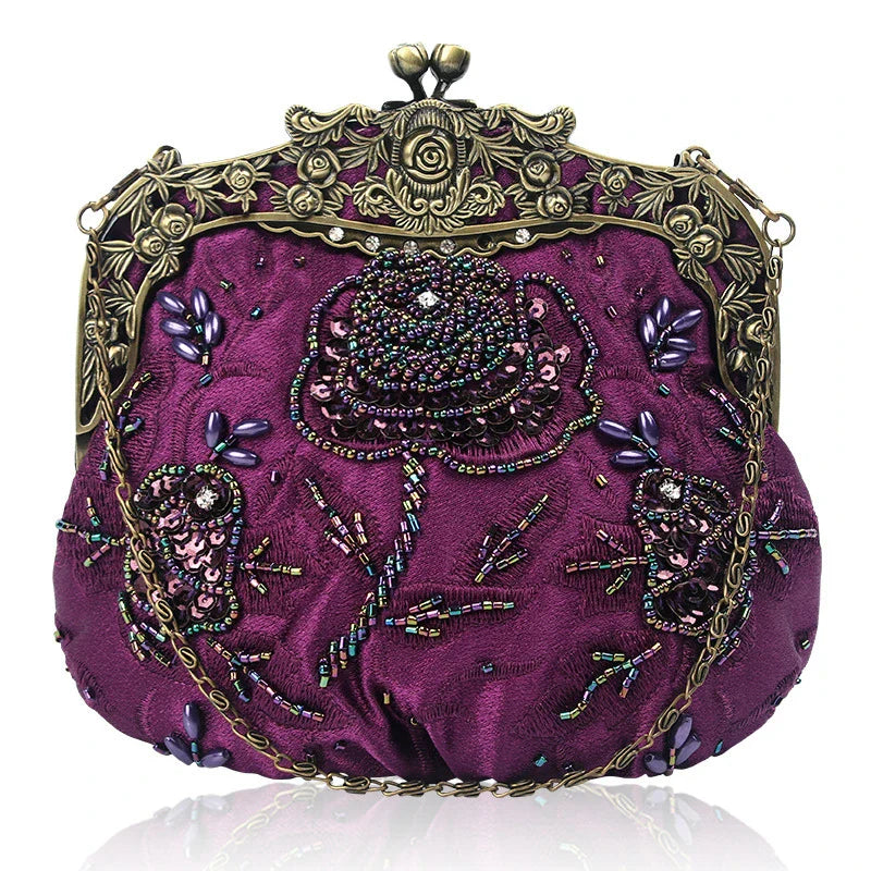Elegant black bead embroidered cosmetic bag with a vintage-inspired design