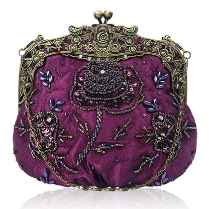 Elegant black bead embroidered cosmetic bag with a vintage-inspired design