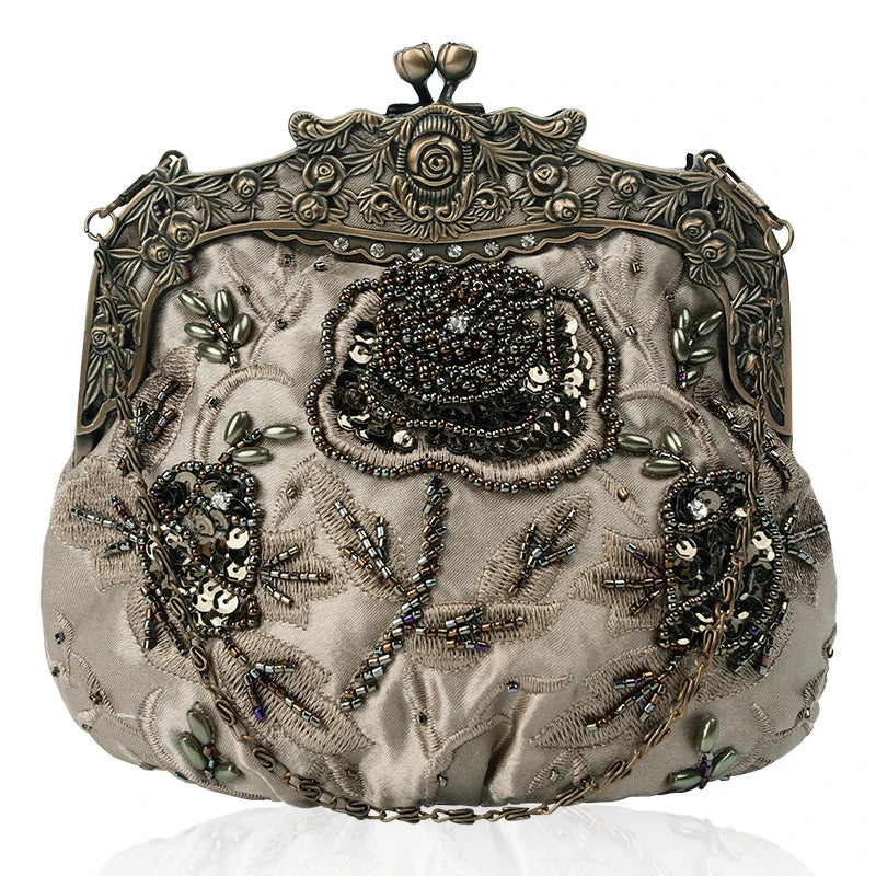 Elegant black bead embroidered cosmetic bag with a vintage-inspired design