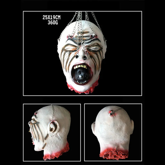 Chilling Halloween Secret Room Decapitation Decoration Horror Props with voice-activated sensor, red LED eyes, and swaying severed arm