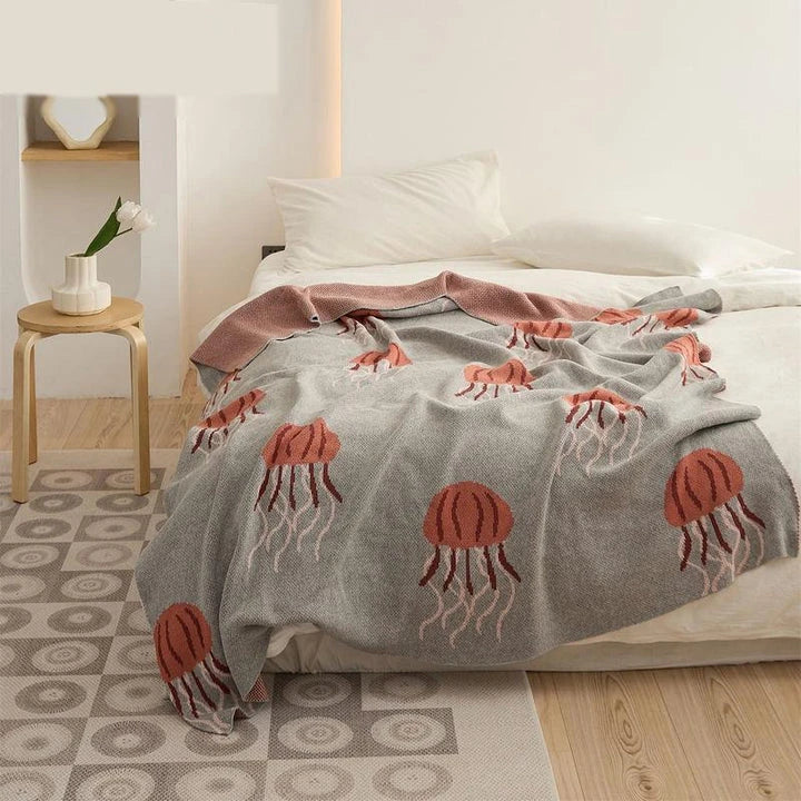 Cosy and stylish Kawaii jellyfish pattern cotton knitted blanket for home and outdoor use