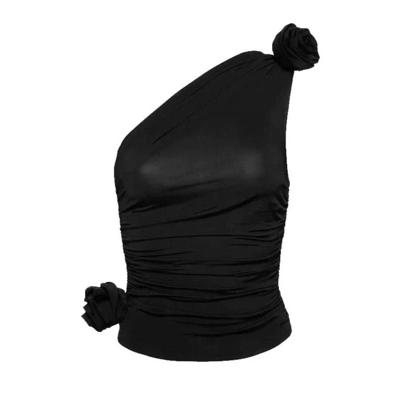 Chic black diagonal shoulder knit tank top with 3D rose detail, perfect for summer fashion