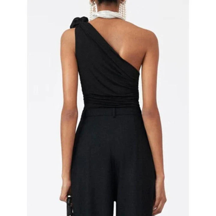 Chic black diagonal shoulder knit tank top with 3D rose detail, perfect for summer fashion