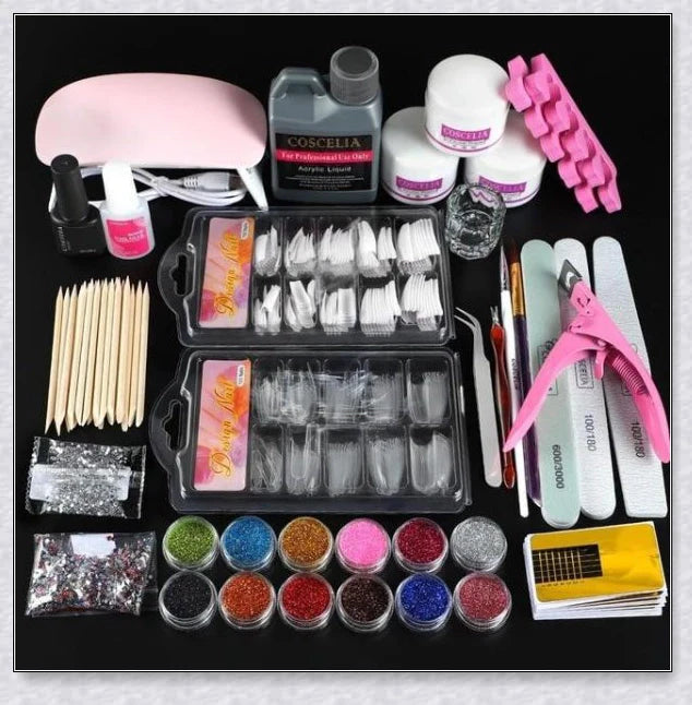 Premium professional acrylic nails kit with USB lamp, acrylic powders, glitters, and nail art tools for at-home salon-quality manicures