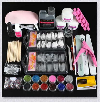 Premium professional acrylic nails kit with USB lamp, acrylic powders, glitters, and nail art tools for at-home salon-quality manicures