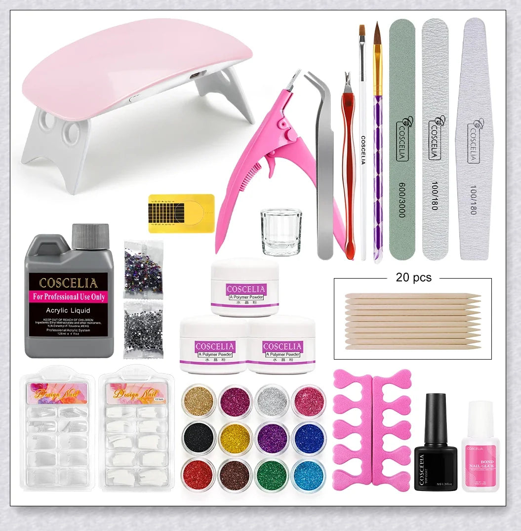 Premium professional acrylic nails kit with USB lamp, acrylic powders, glitters, and nail art tools for at-home salon-quality manicures