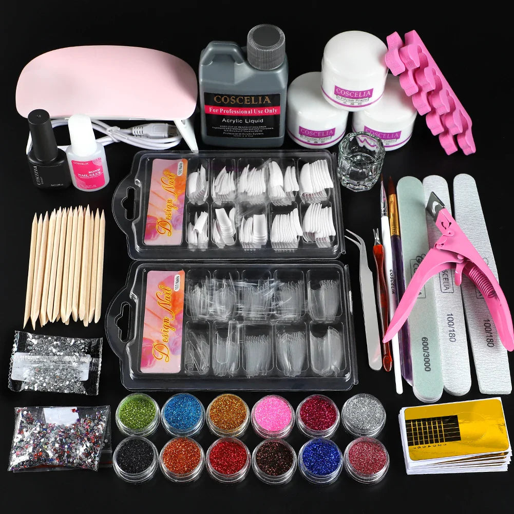 Premium professional acrylic nails kit with USB lamp, acrylic powders, glitters, and nail art tools for at-home salon-quality manicures